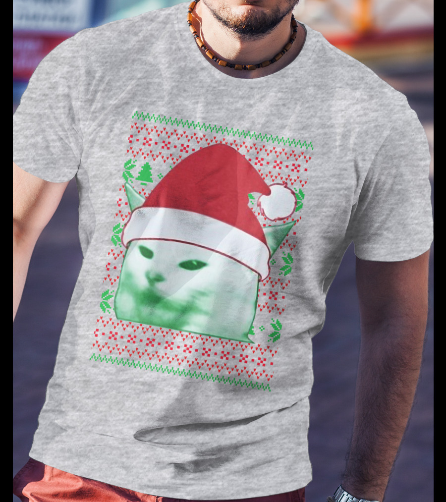 Santa Hat Cat Meme Christmas Pattern Raglan T-Shirt