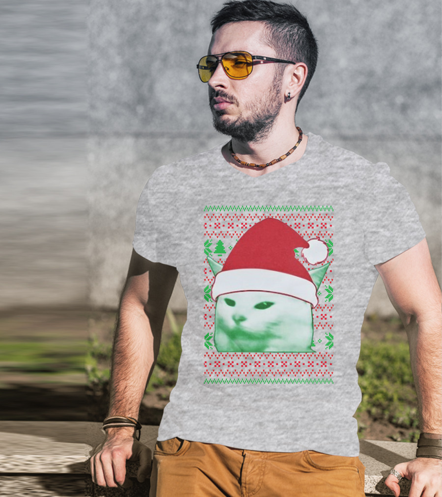 Santa Hat Cat Meme Christmas Pattern Raglan T-Shirt
