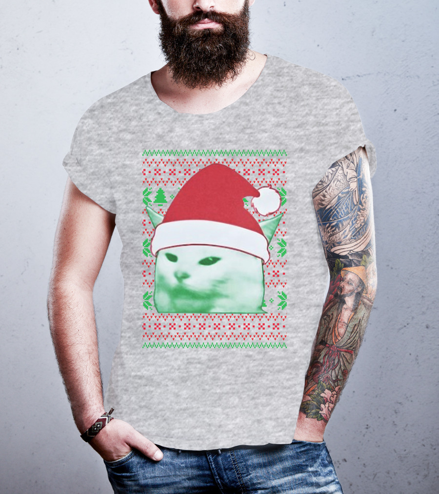 Santa Hat Cat Meme Christmas Pattern Raglan T-Shirt