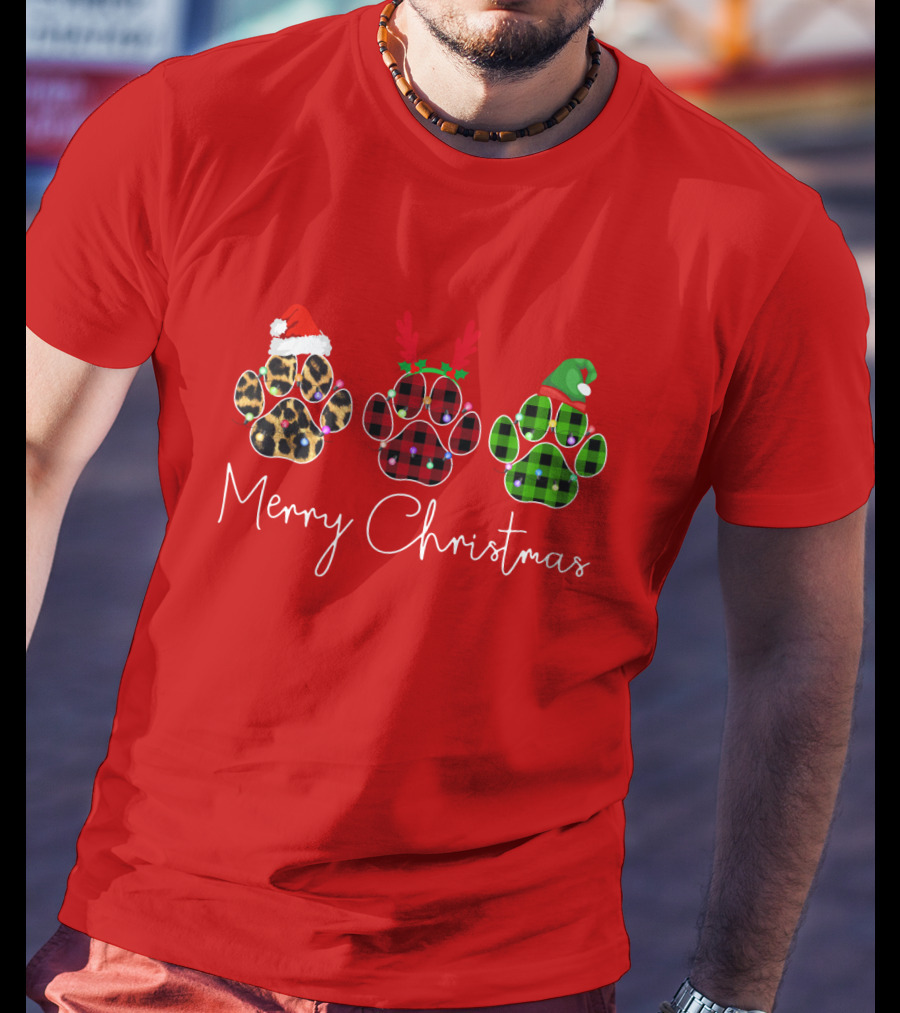Merry Christmas Plaid Leopard Paw Santa Hat Reindeer Antlers Green Elf Hat T-Shirt