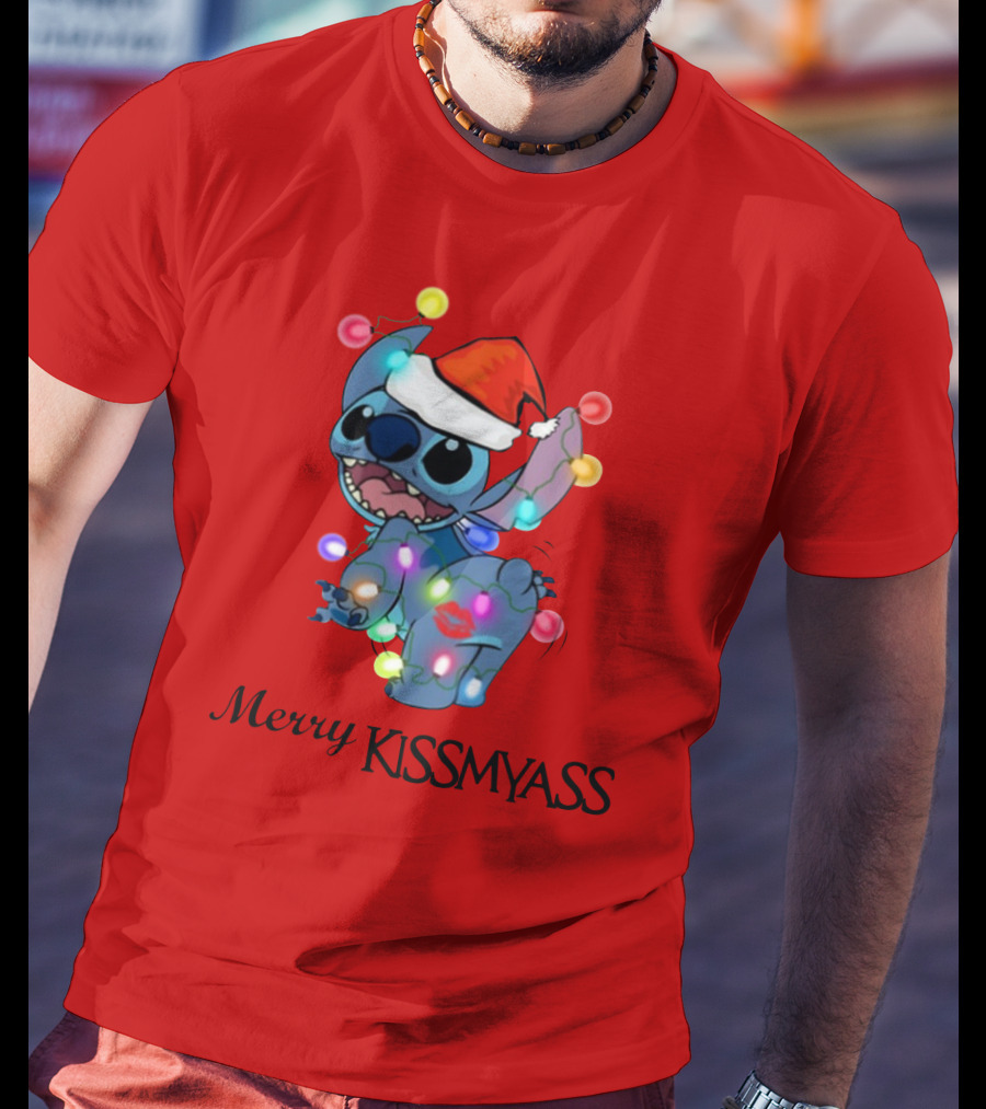 Merry Kissmyass Christmas Stitch Santa Hat Lights T-Shirt