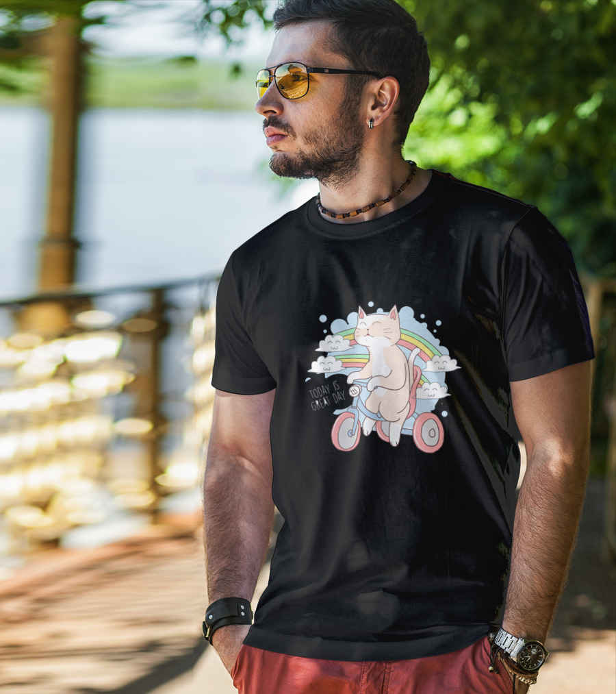 Cat On Bicycle With Rainbow Clouds And Positive Message Today Is Great Day T-Shirt