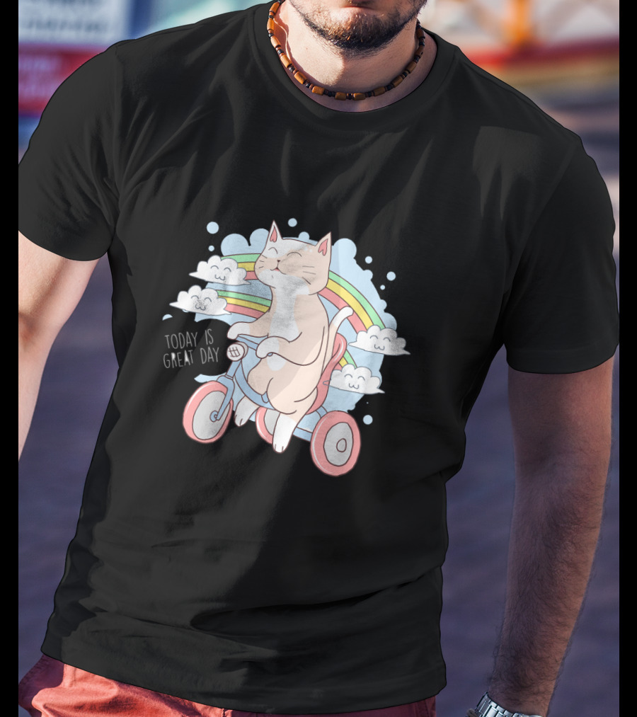 Cat On Bicycle With Rainbow Clouds And Positive Message Today Is Great Day T-Shirt
