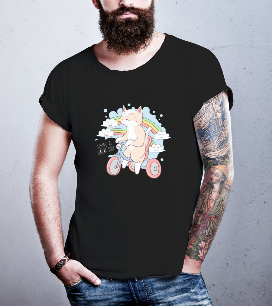 Cat On Bicycle With Rainbow Clouds And Positive Message Today Is Great Day T-Shirt