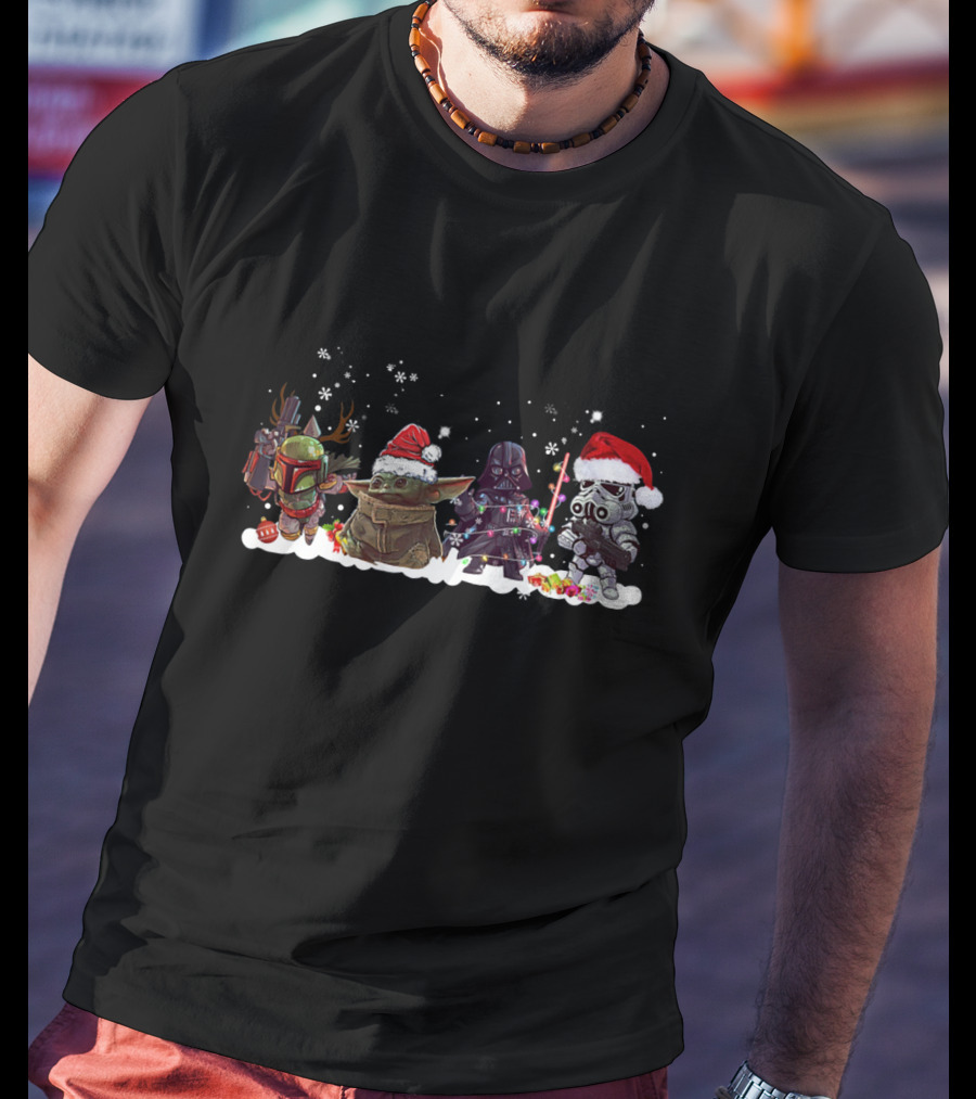 Boba Fett Baby Yoda Darth Vader And Stormtrooper Star Wars Christmas Santa Hats Snowflakes T-Shirt