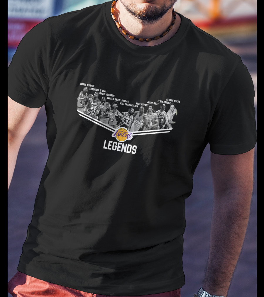 Los Angeles Lakers Legends Wilt Chamberlain Kareem Abdul-Jabbar Jerry West Magic Johnson Shaquille O'Neal Kobe Bryant James Worthy George Mikan Elgin Baylor Signature T-Shirt