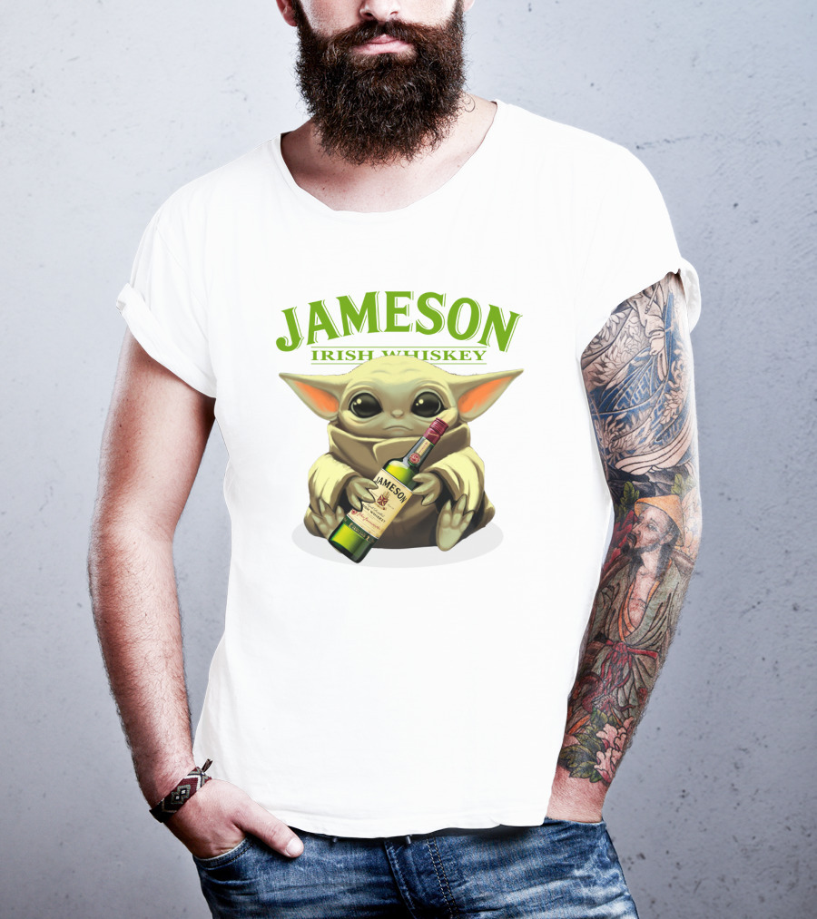 Jameson Irish Whiskey Baby Yoda Holding Whiskey Bottle T-Shirt