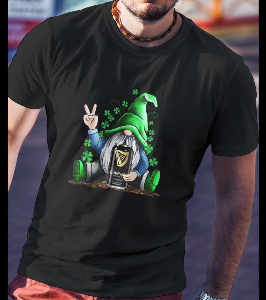 Guinness Can Holding Irish Gnome With Shamrocks Peace Sign St Patrick's Day T-Shirt