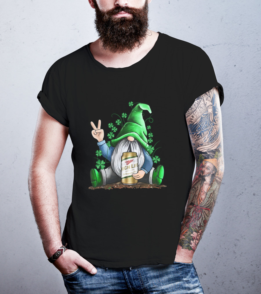 Irish Gnome Peace Sign Shamrocks Miller High Life St Patrick's Day T-Shirt