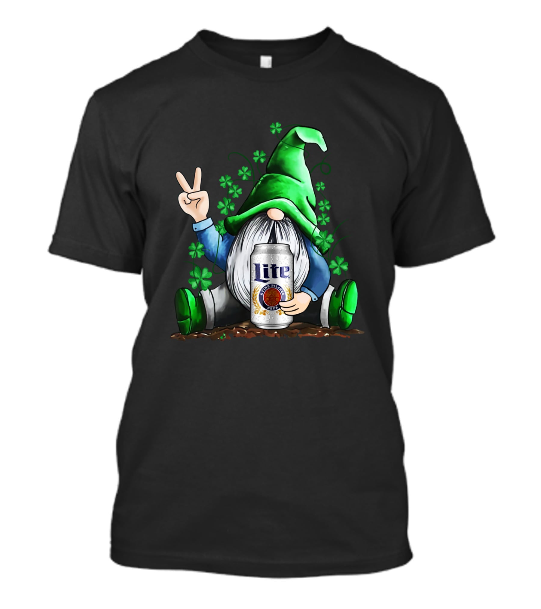 Miller Lite Irish Gnome Peace Sign Shamrocks St Patrick's Day T-Shirt