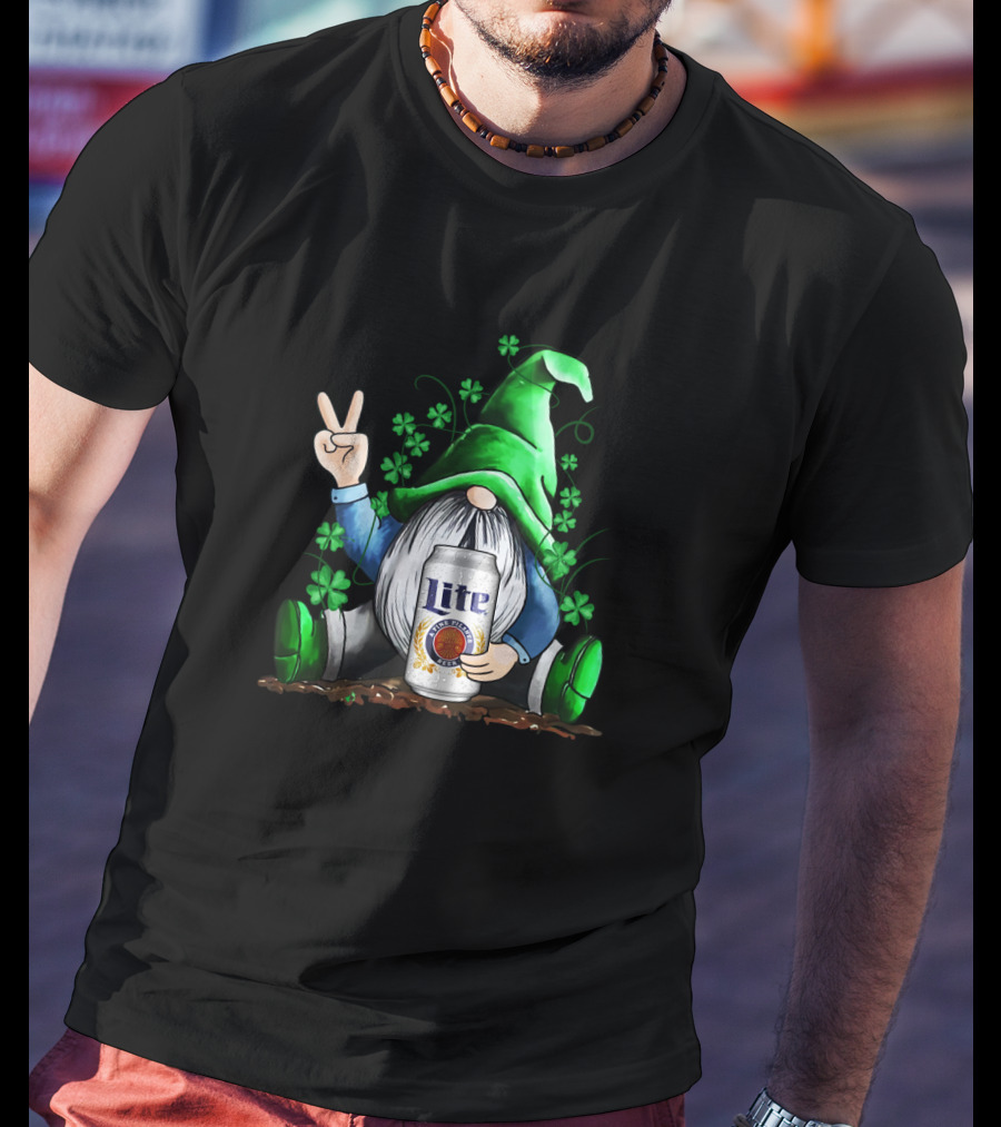 Miller Lite Irish Gnome Peace Sign Shamrocks St Patrick's Day T-Shirt