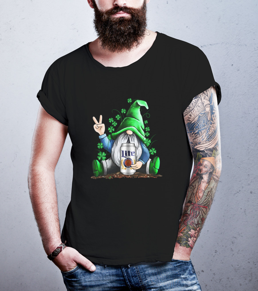Miller Lite Irish Gnome Peace Sign Shamrocks St Patrick's Day T-Shirt