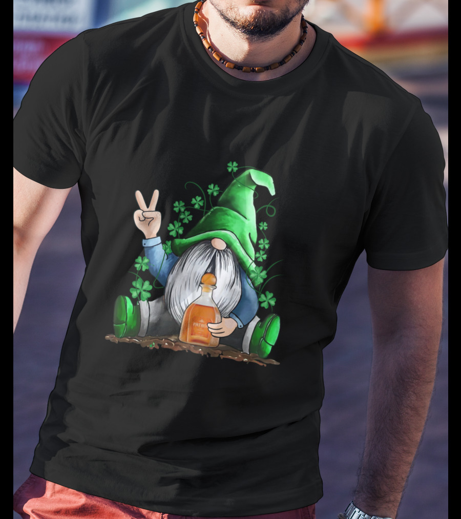 Patron Bottle Hug By Irish Gnome With Shamrocks For St Patrick's Day T-Shirt