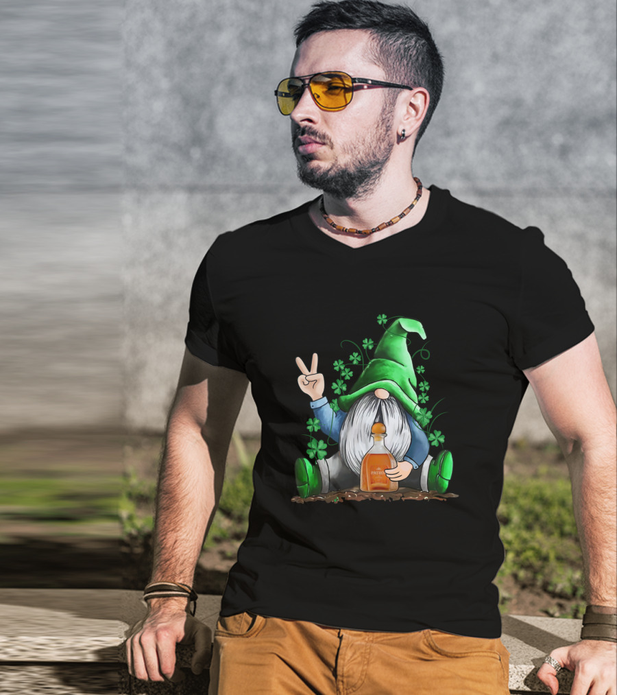 Patron Bottle Hug By Irish Gnome With Shamrocks For St Patrick's Day T-Shirt