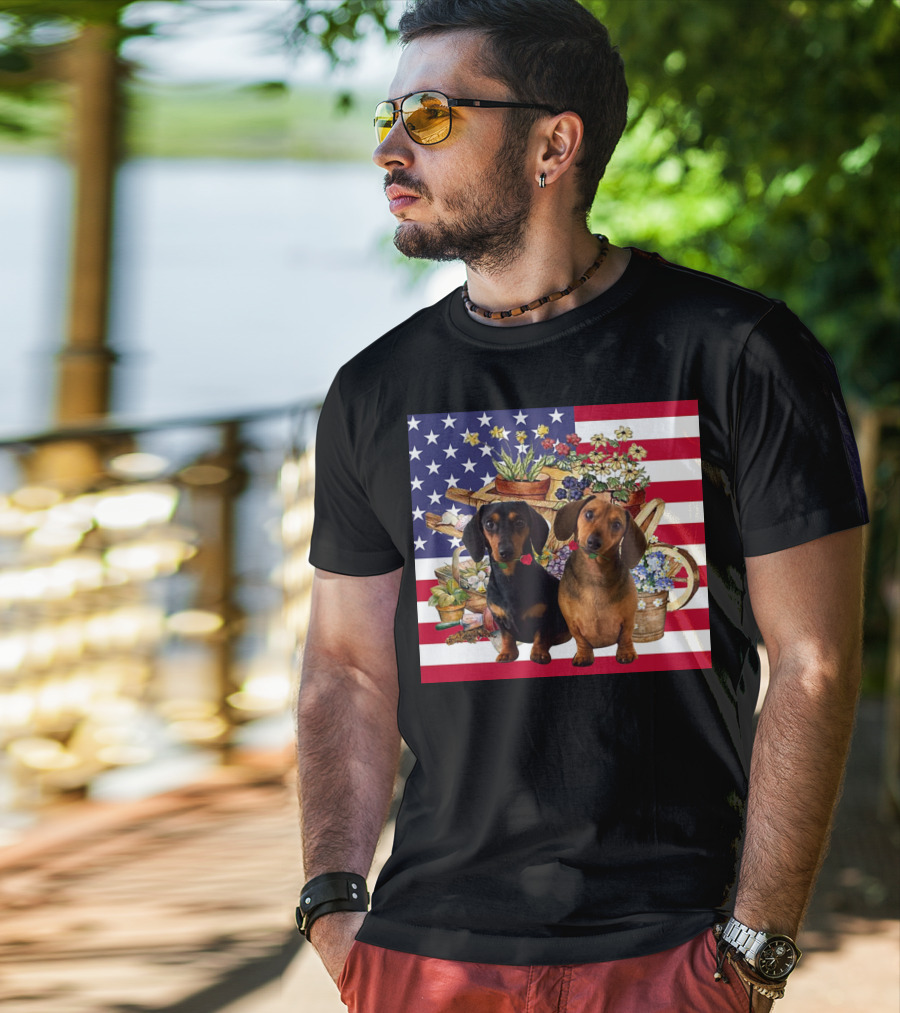 Daschund Flower Garden American Flag Backdrop Face Mask T-Shirt