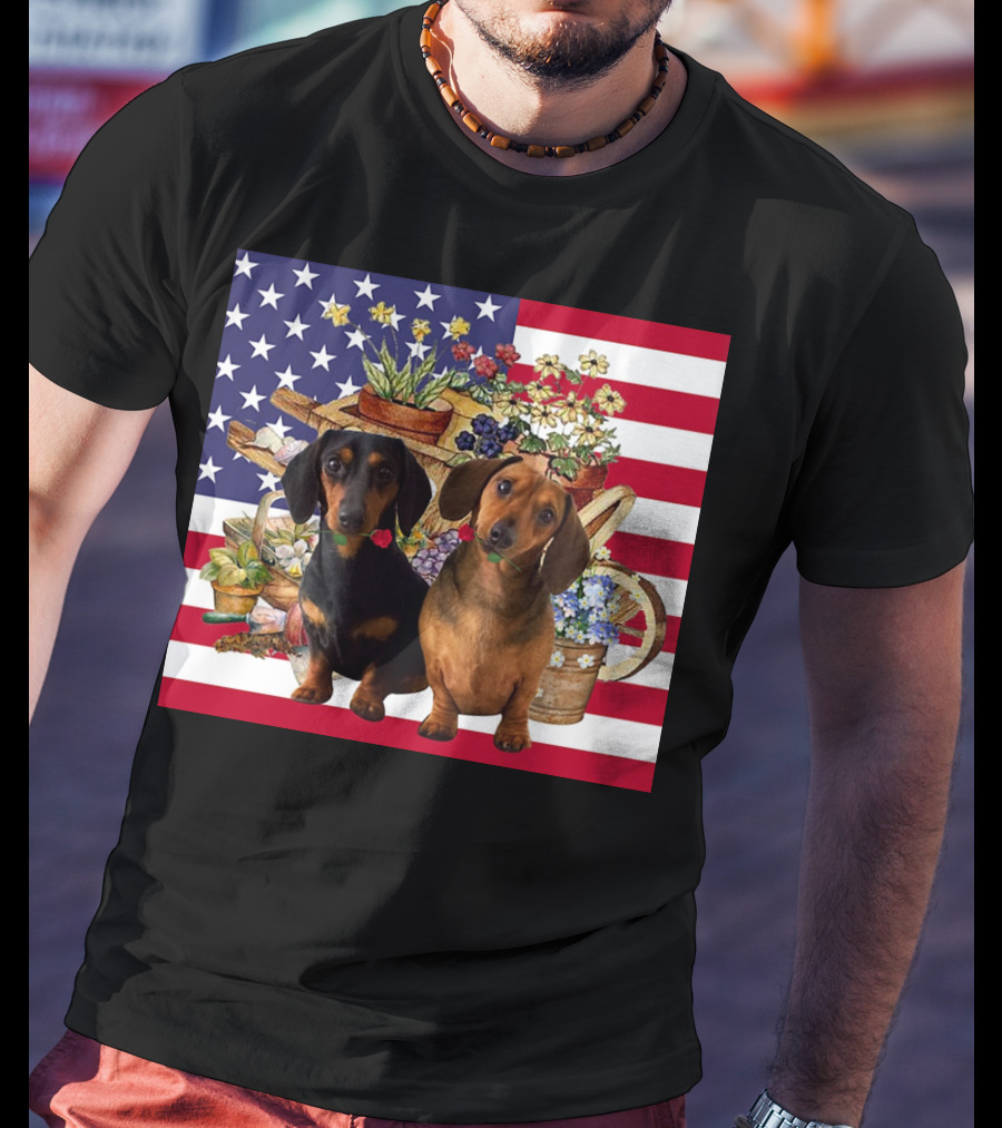 Daschund Flower Garden American Flag Backdrop Face Mask T-Shirt