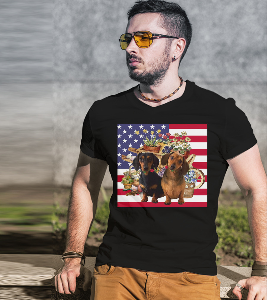 Daschund Flower Garden American Flag Backdrop Face Mask T-Shirt