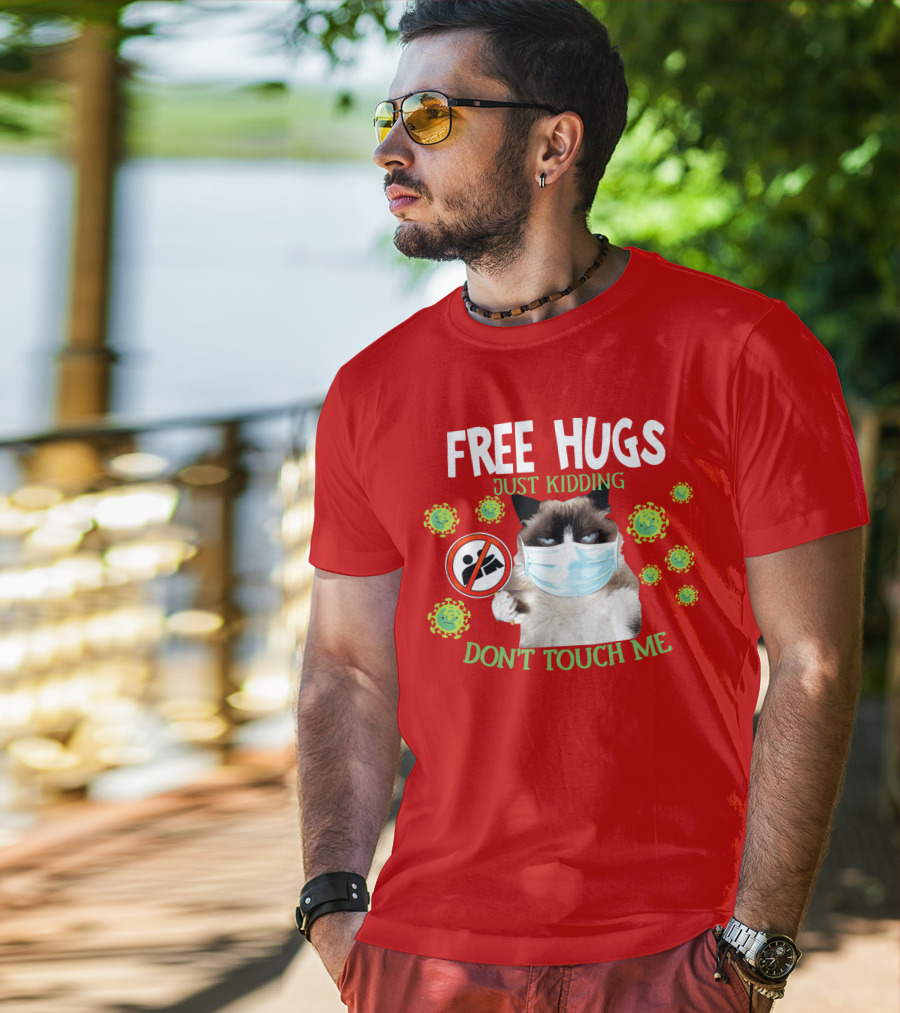Free Hugs Just Kidding Don't Touch Me Masked Cat Virus T-Shirt