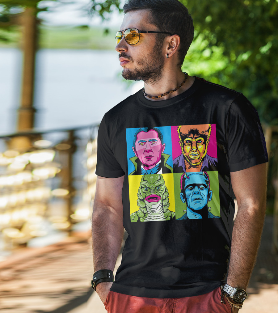 Dracula Frankenstein Wolfman Creature Horror Pop Art Icons T-Shirt
