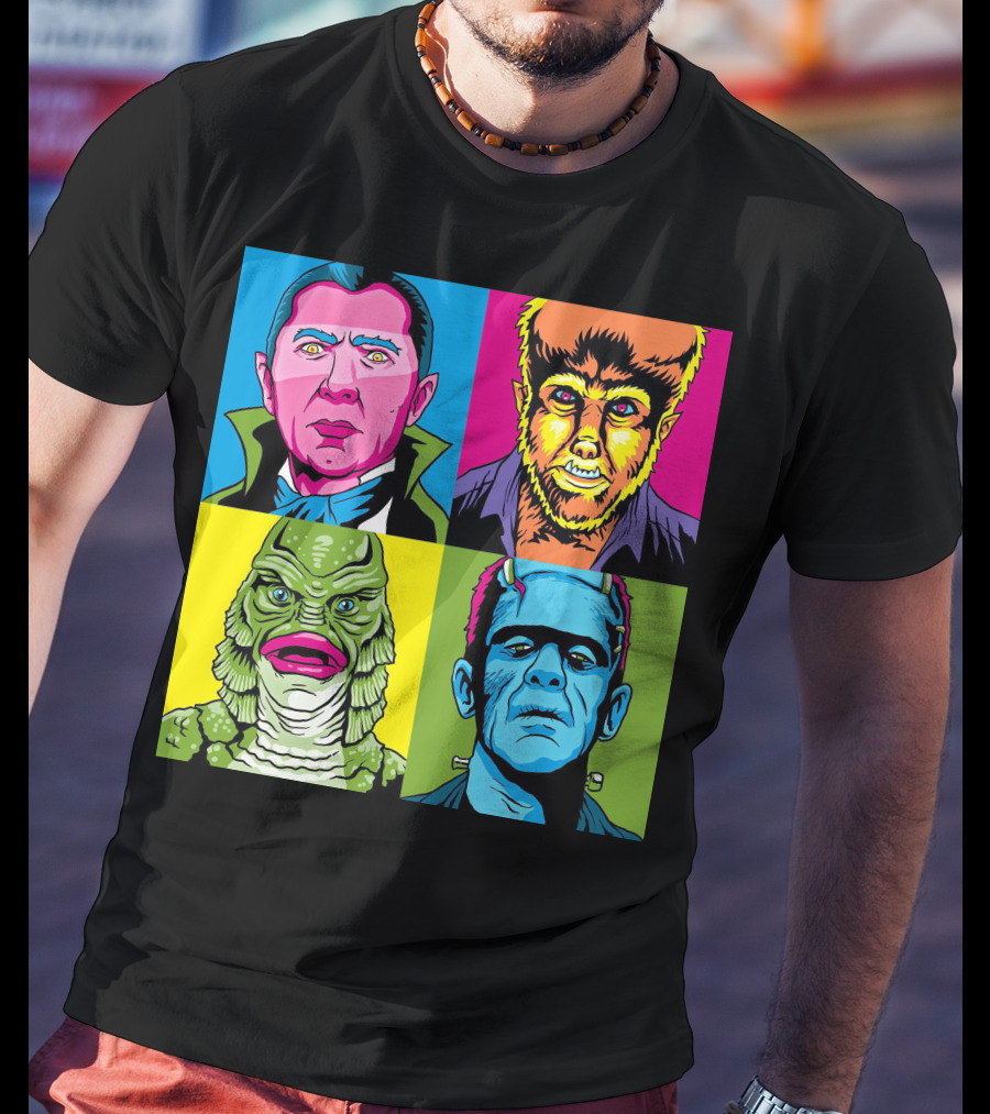 Dracula Frankenstein Wolfman Creature Horror Pop Art Icons T-Shirt