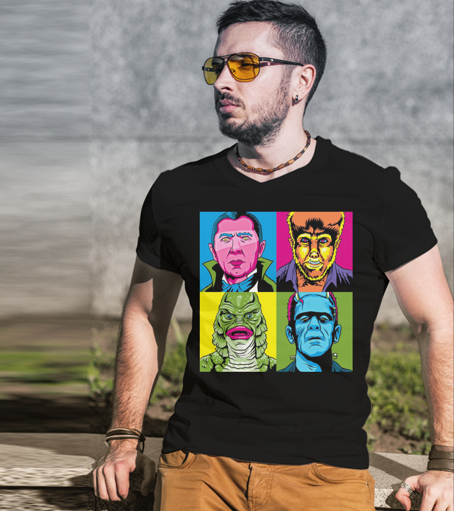 Dracula Frankenstein Wolfman Creature Horror Pop Art Icons T-Shirt