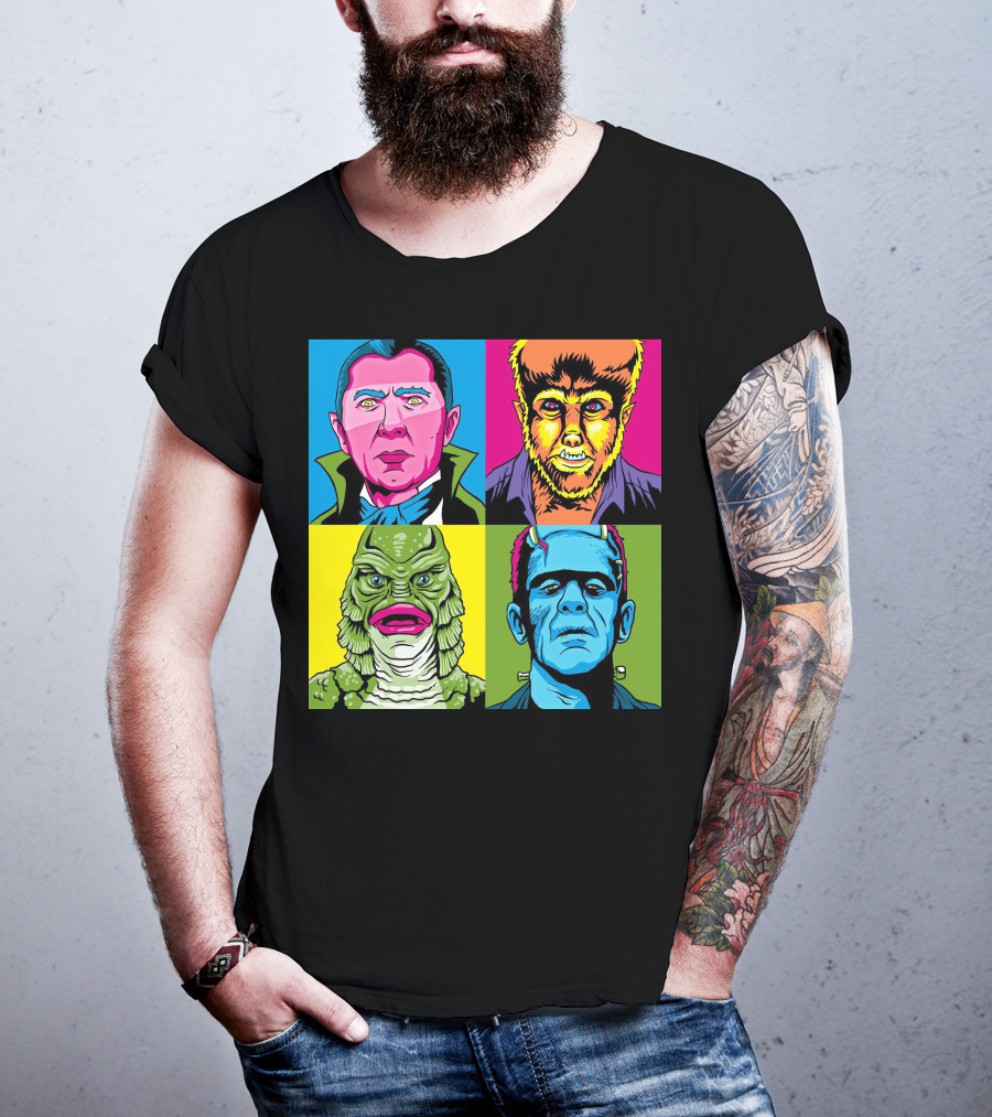 Dracula Frankenstein Wolfman Creature Horror Pop Art Icons T-Shirt