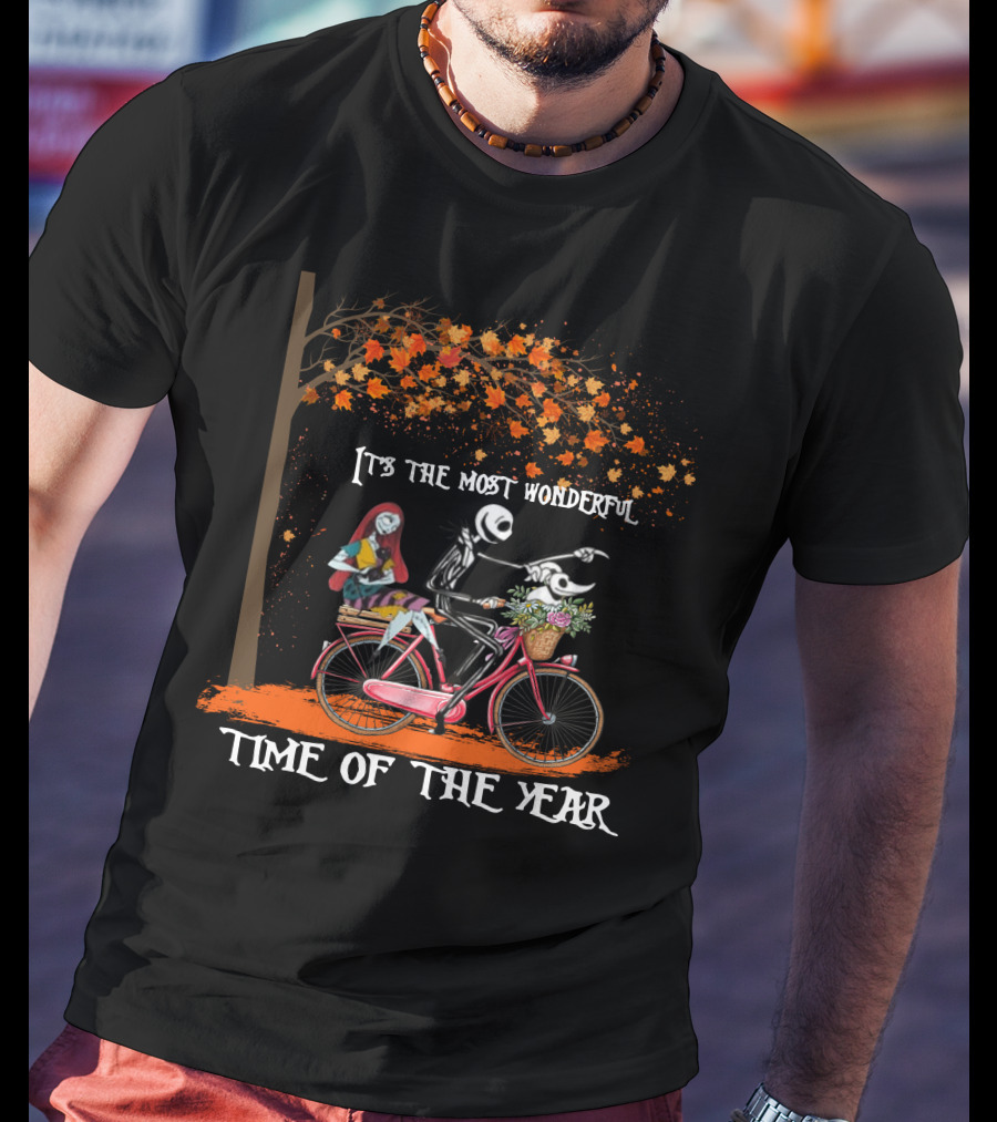 Jack Skellington And Sally On Bicycle Under Autumn Tree It's The Most Wonderful Time Of The Year T-Shirt