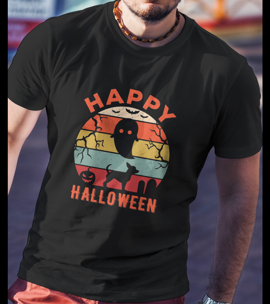 Happy Halloween Chihuahua Ghost Pumpkin Retro Stripes T-Shirt