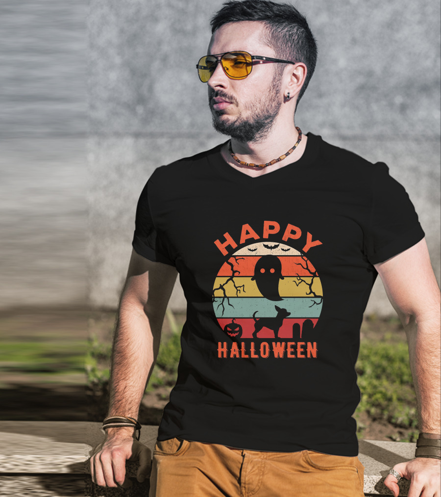 Happy Halloween Chihuahua Ghost Pumpkin Retro Stripes T-Shirt