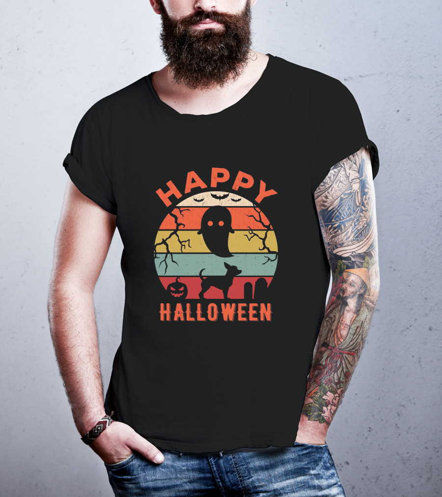 Happy Halloween Chihuahua Ghost Pumpkin Retro Stripes T-Shirt