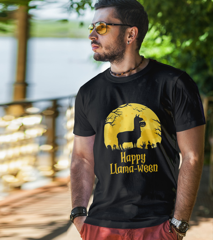 Happy Llamaween Llama Holding Pumpkin Silhouette In Spooky Halloween Scene T-Shirt