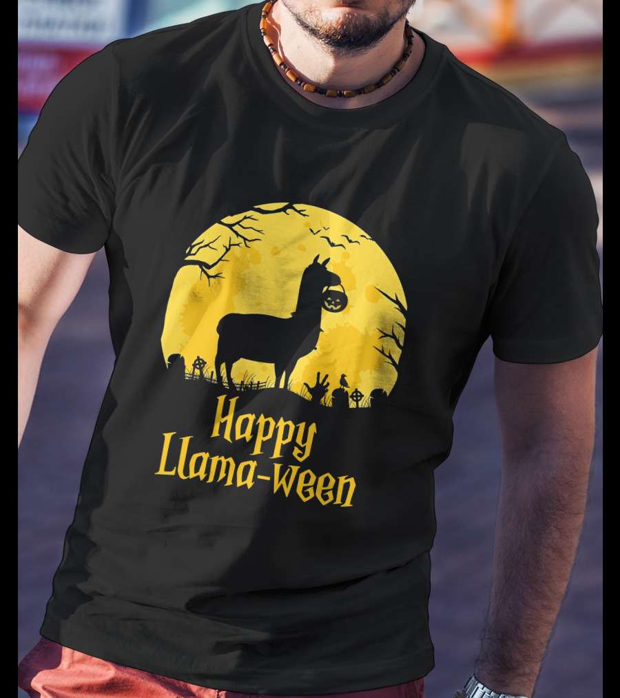 Happy Llamaween Llama Holding Pumpkin Silhouette In Spooky Halloween Scene T-Shirt
