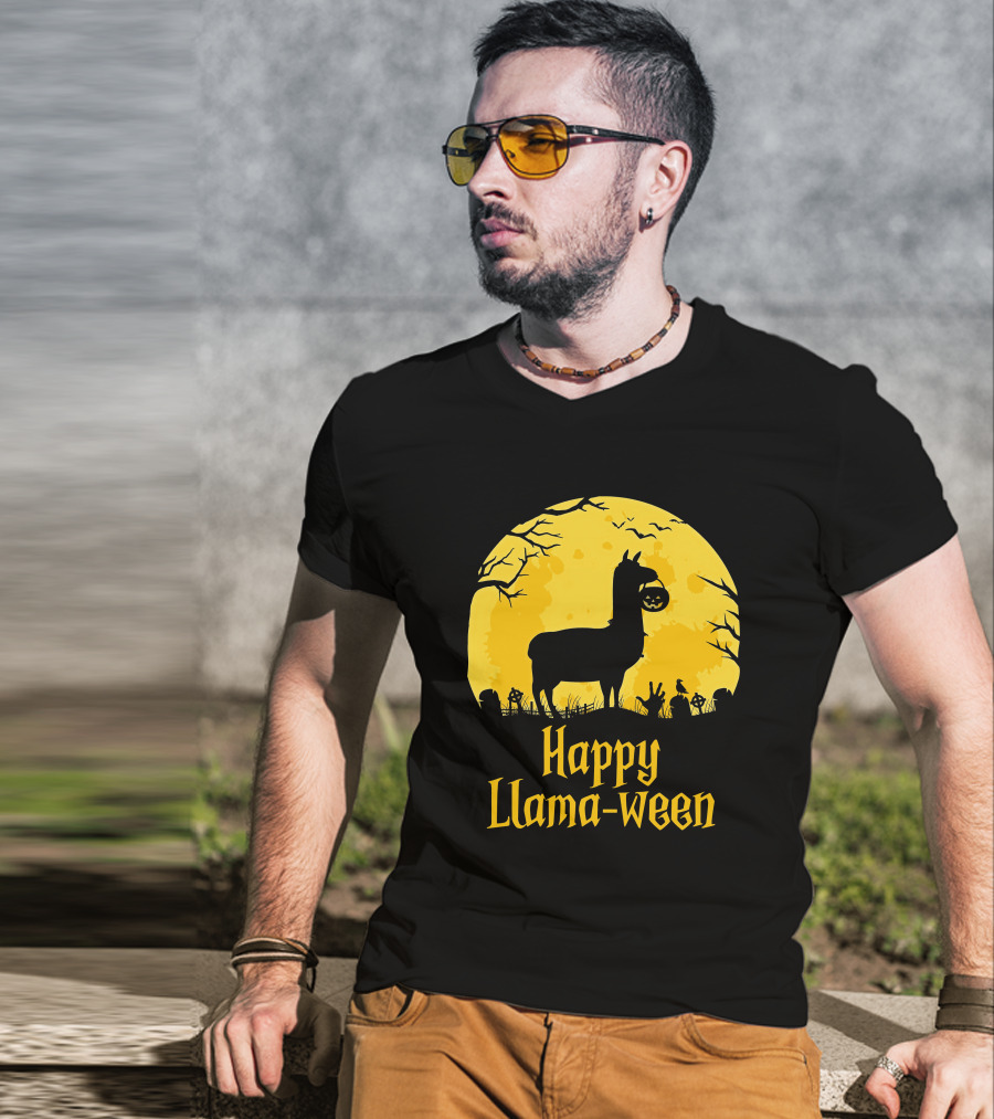 Happy Llamaween Llama Holding Pumpkin Silhouette In Spooky Halloween Scene T-Shirt