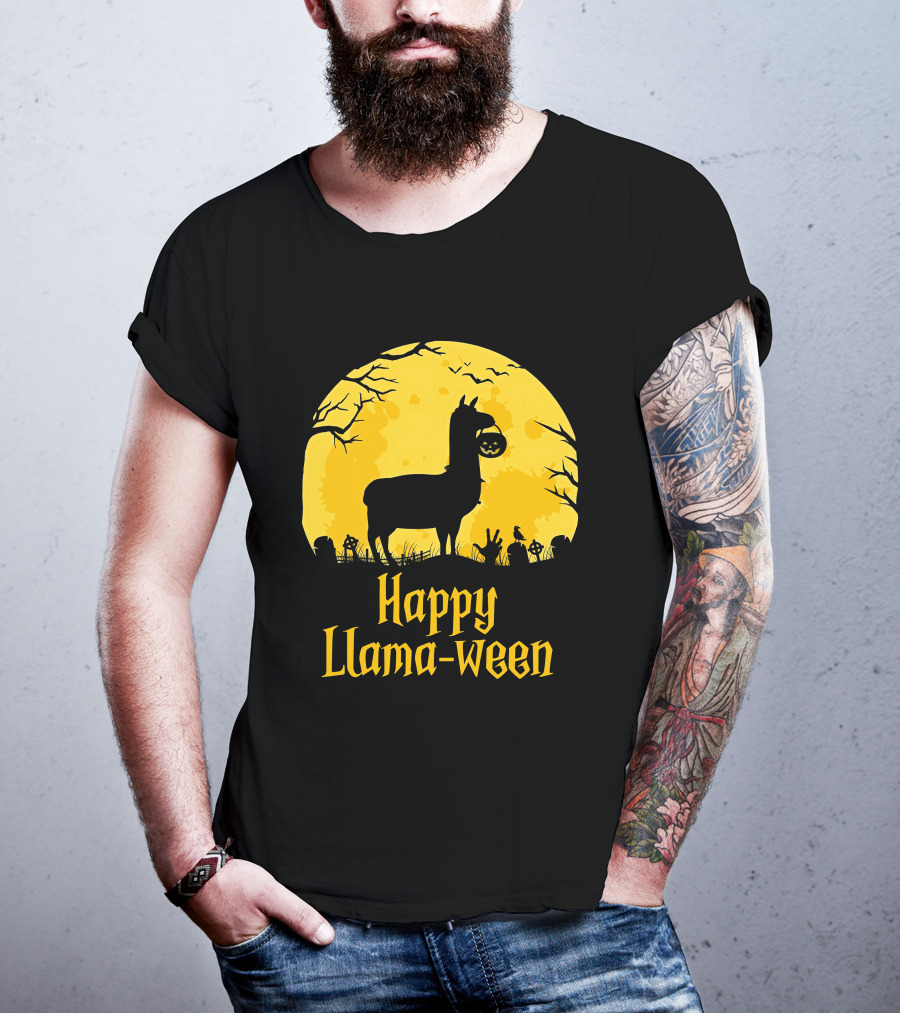 Happy Llamaween Llama Holding Pumpkin Silhouette In Spooky Halloween Scene T-Shirt