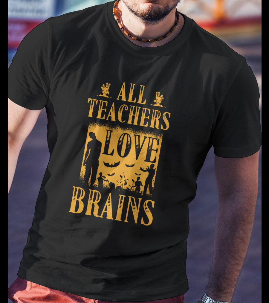 All Teachers Love Brains Zombie Silhouette Bats And Graveyard T-Shirt