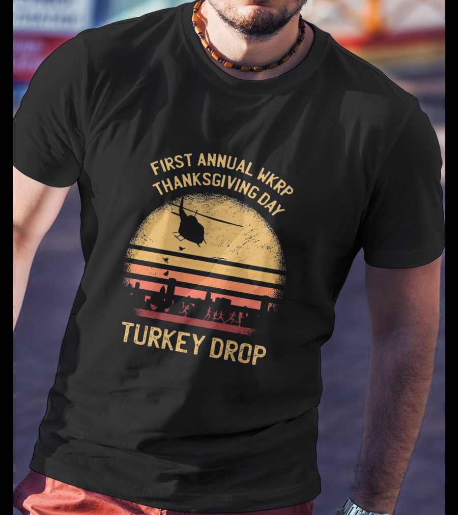 First Annual WKRP Thanksgiving Day Turkey Drop Helicopter Silhouette Vintage Sunset Scene T-Shirt