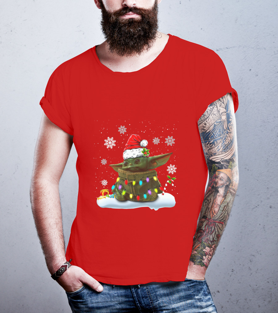 Santa Baby Yoda Christmas Lights Snowflakes Candy Cane Holiday Scene T-Shirt