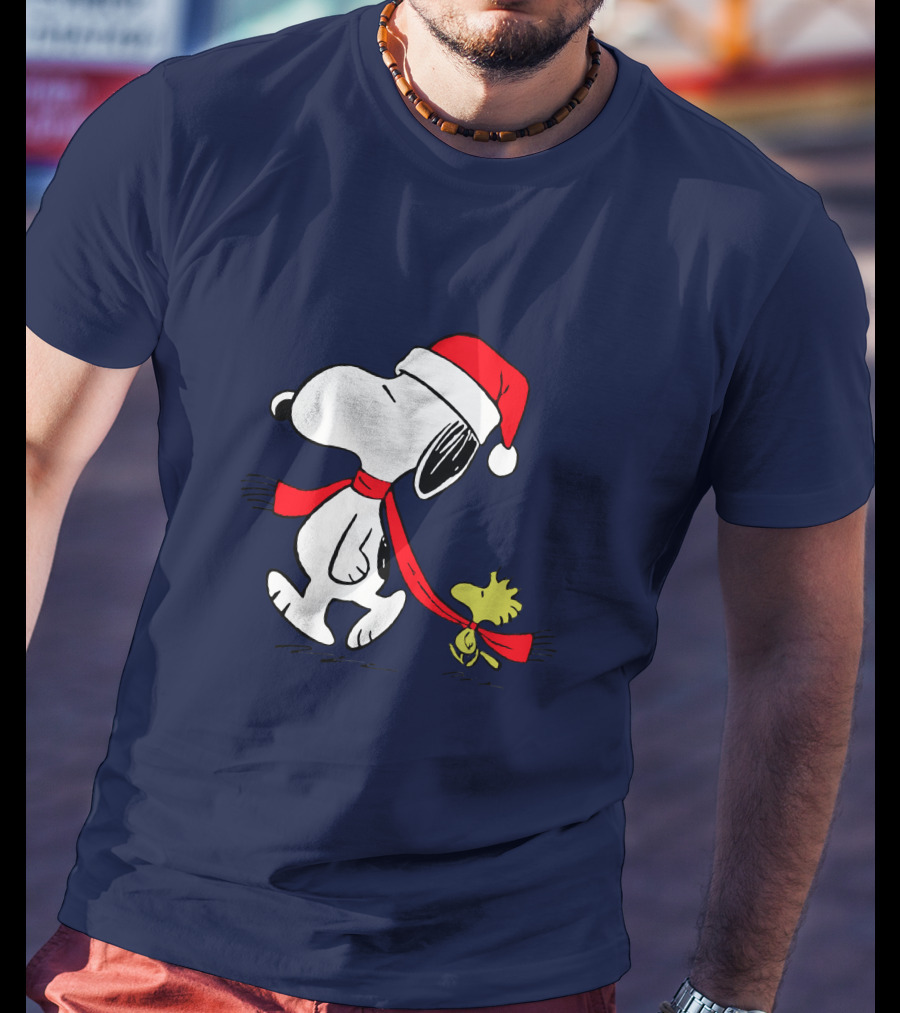 Snoopy Santa Hat And Woodstock Christmas Peanuts Scarf T-Shirt