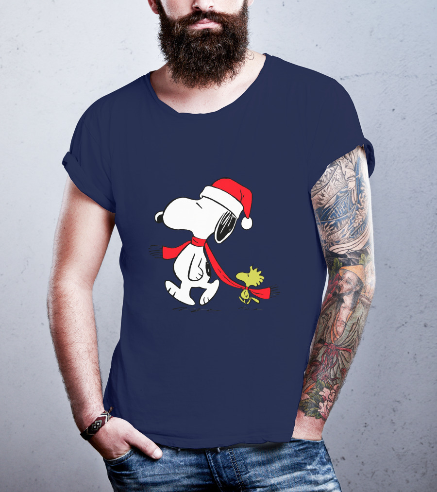 Snoopy Santa Hat And Woodstock Christmas Peanuts Scarf T-Shirt