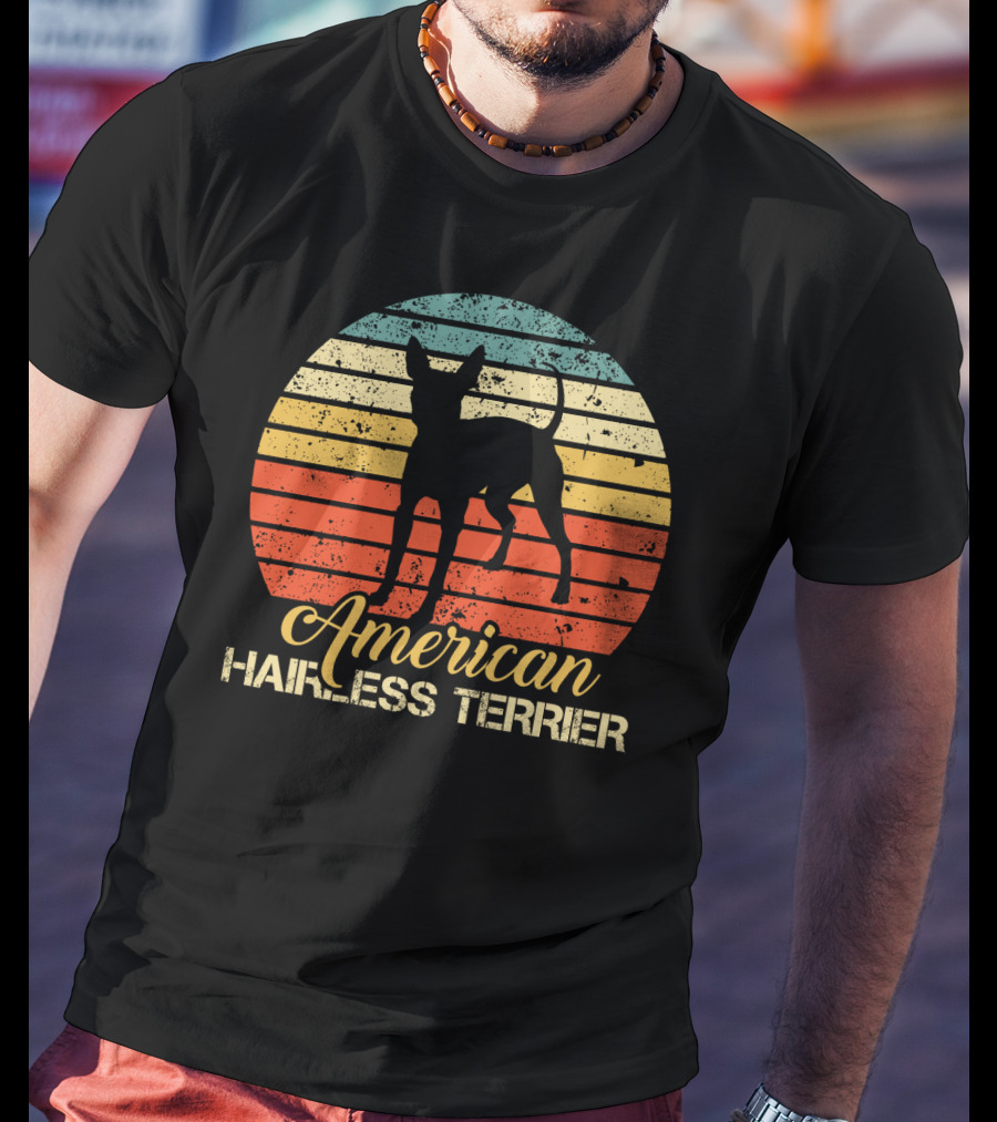 Retro Vintage American Hairless Terrier With Striped Sunset Background T-Shirt