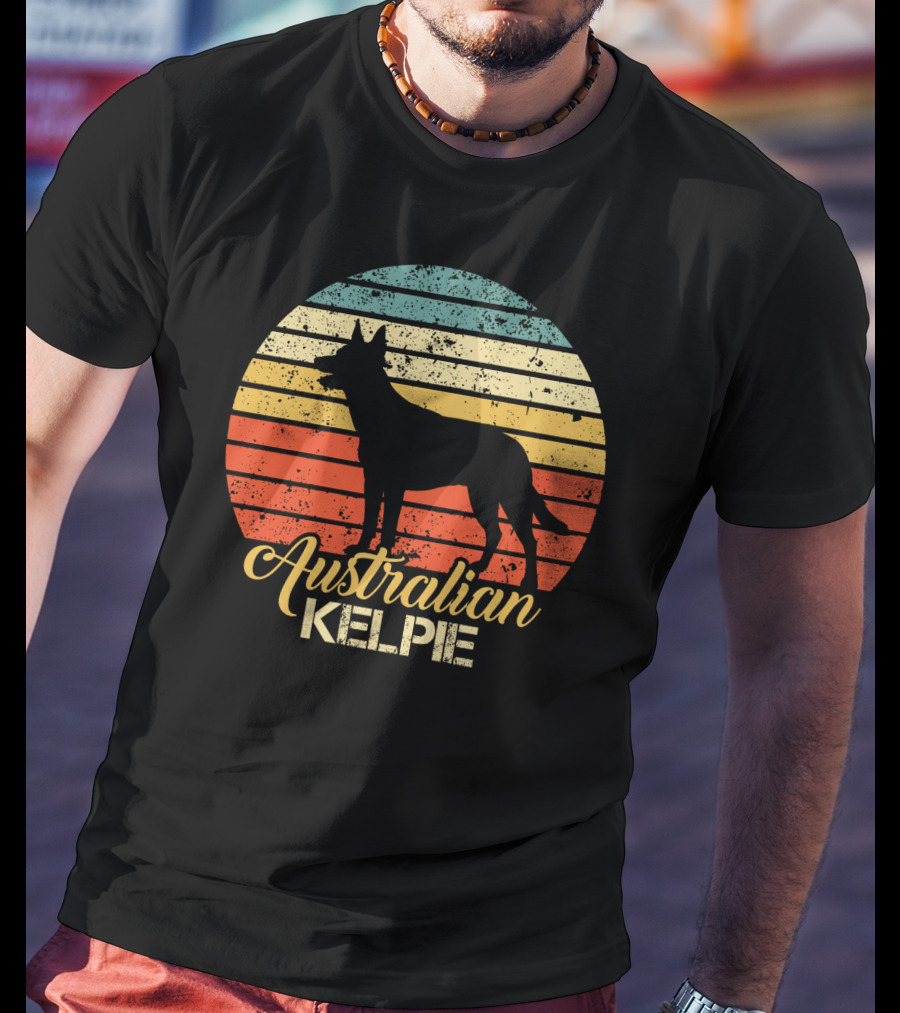 Retro Australian Kelpie Silhouette With Vintage Stripes T-Shirt
