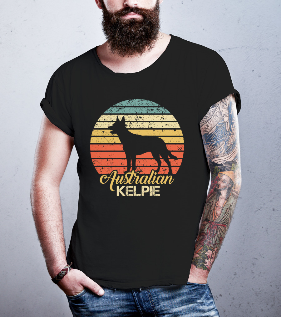 Retro Australian Kelpie Silhouette With Vintage Stripes T-Shirt