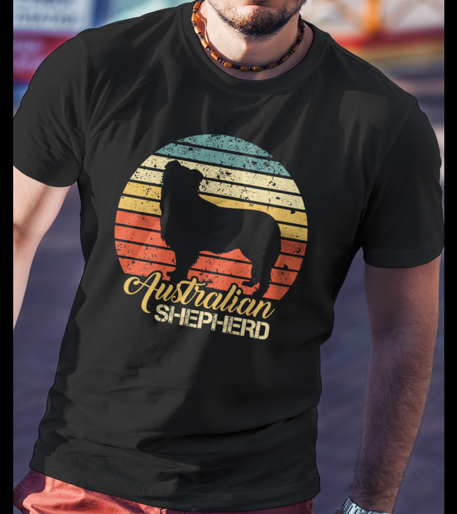 Retro Striped Silhouette Vintage Australian Shepherd T-Shirt