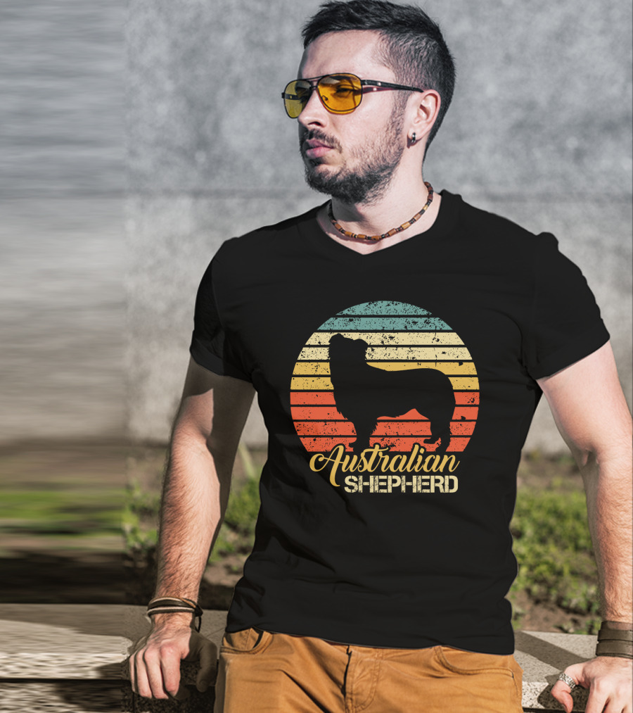 Retro Striped Silhouette Vintage Australian Shepherd T-Shirt