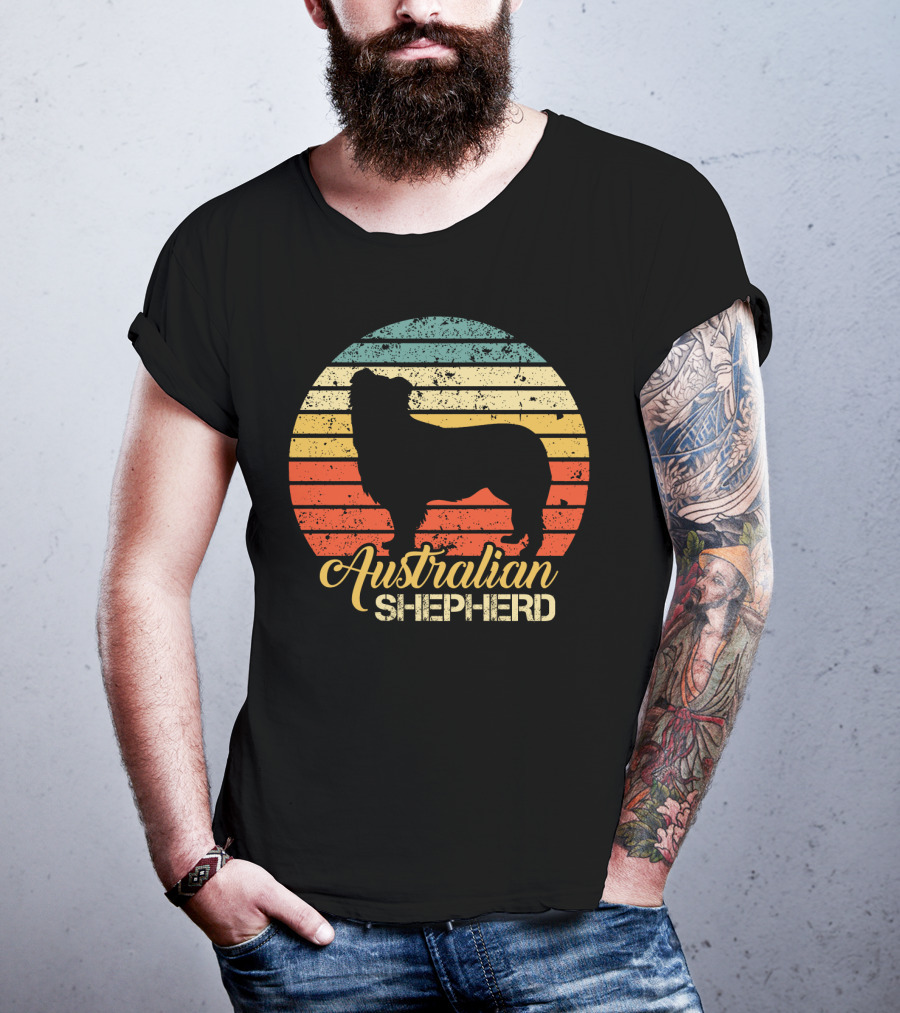 Retro Striped Silhouette Vintage Australian Shepherd T-Shirt