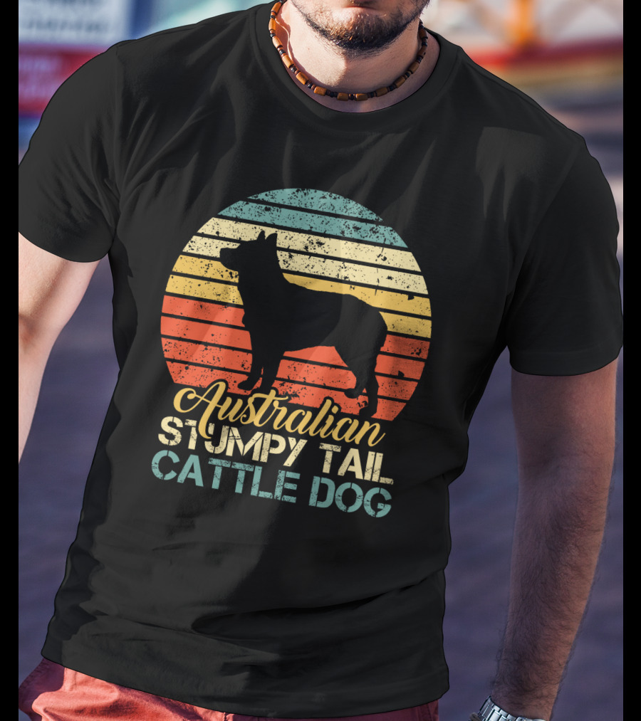 Vintage Retro Australian Stumpy Tail Cattle Dog Silhouette Sunset Stripes T-Shirt