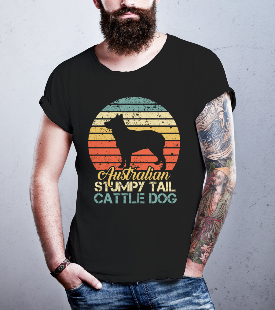 Vintage Retro Australian Stumpy Tail Cattle Dog Silhouette Sunset Stripes T-Shirt