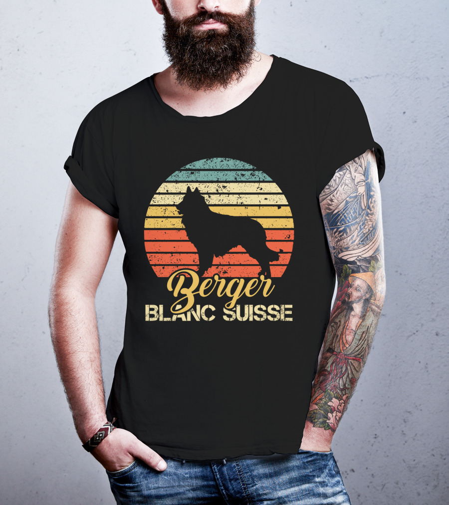Retro Sunset Silhouette Berger Blanc Suisse Text T-Shirt