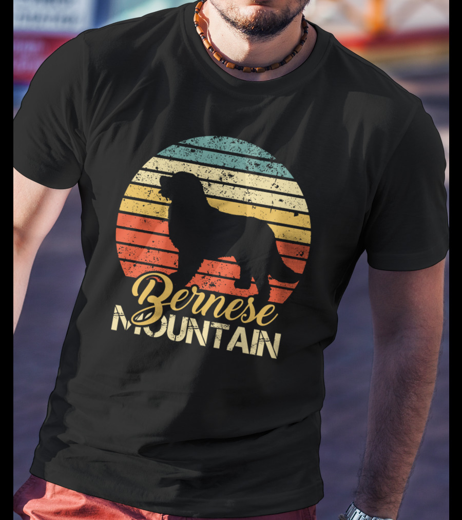 Retro Bernese Mountain Dog Silhouette With Striped Sunset Background T-Shirt