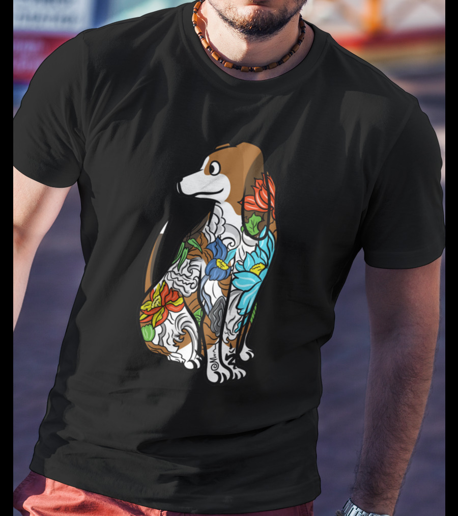 Basset Hound Tattoo Floral Art Design With Vibrant Colors T-Shirt